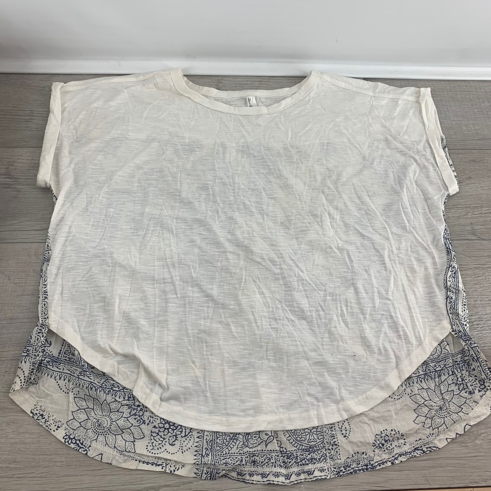 Seven7 Womens XL White Blue Bandana Print Mixed Media High Low Top 2563